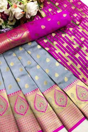 Buy Grey Silk Saree Pink Border Floral Butta Zari Work Online