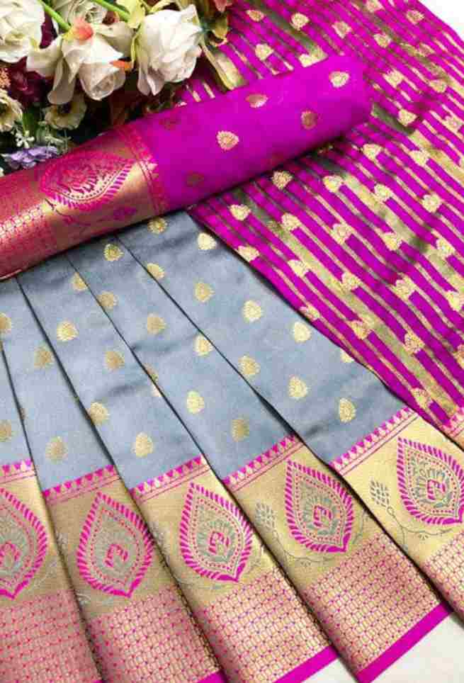 Grey & Pink Floral Jacquard Embellished Kanjivaram Saree(