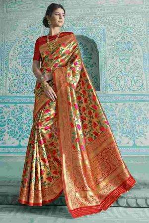 Buy Bridal Gold Pattu Floral Woven Design Paithani Silk Party wear Saree