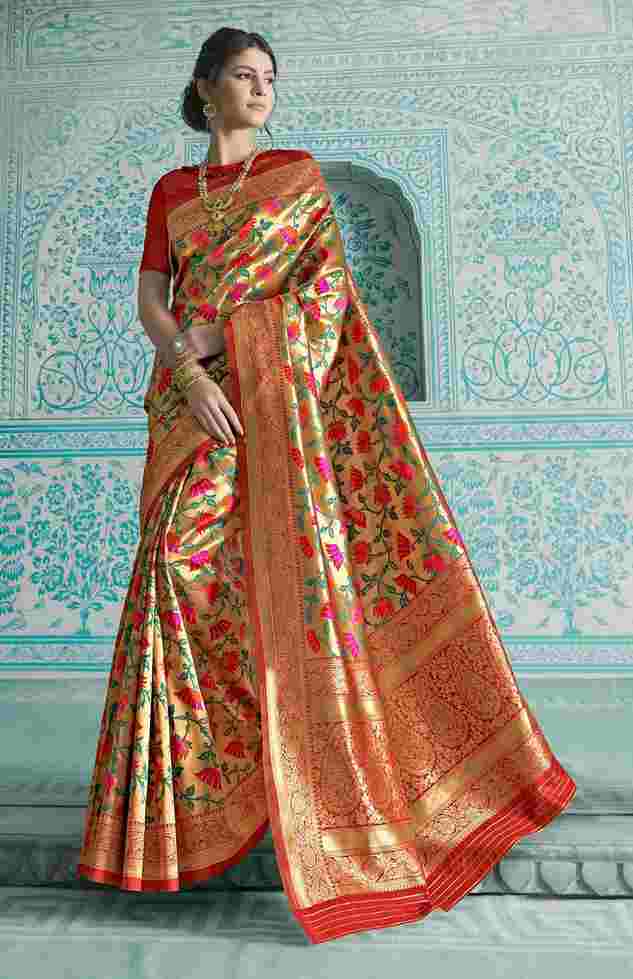 stunning gold floral silk saree
