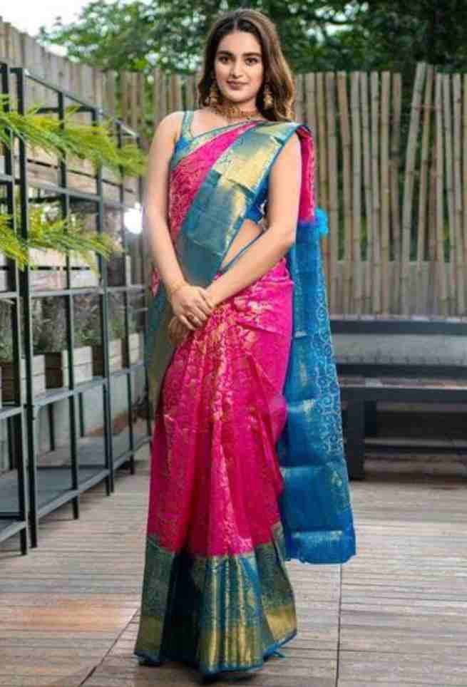 Nidhi Agarwal Pink & Blue Silk Woven Floral Design Pattu Saree