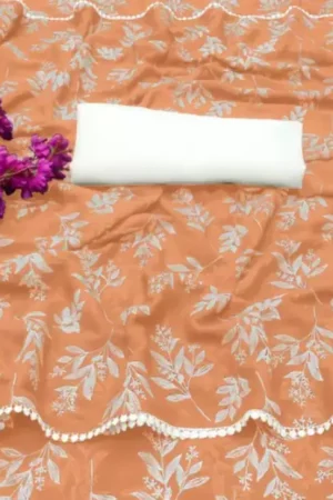 Orange Chiffon Saree White Floral Printed Lace Border