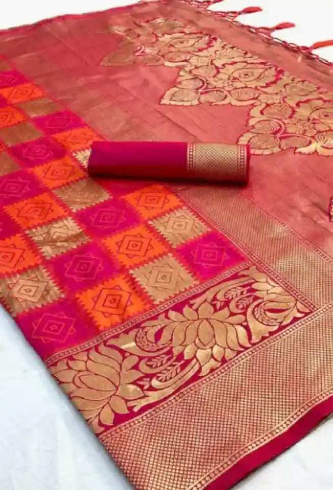 Orange & Pink Cotton Silk Woven Design Saree