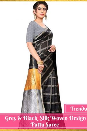 Grey & Black Silk Woven Design Pattu Saree