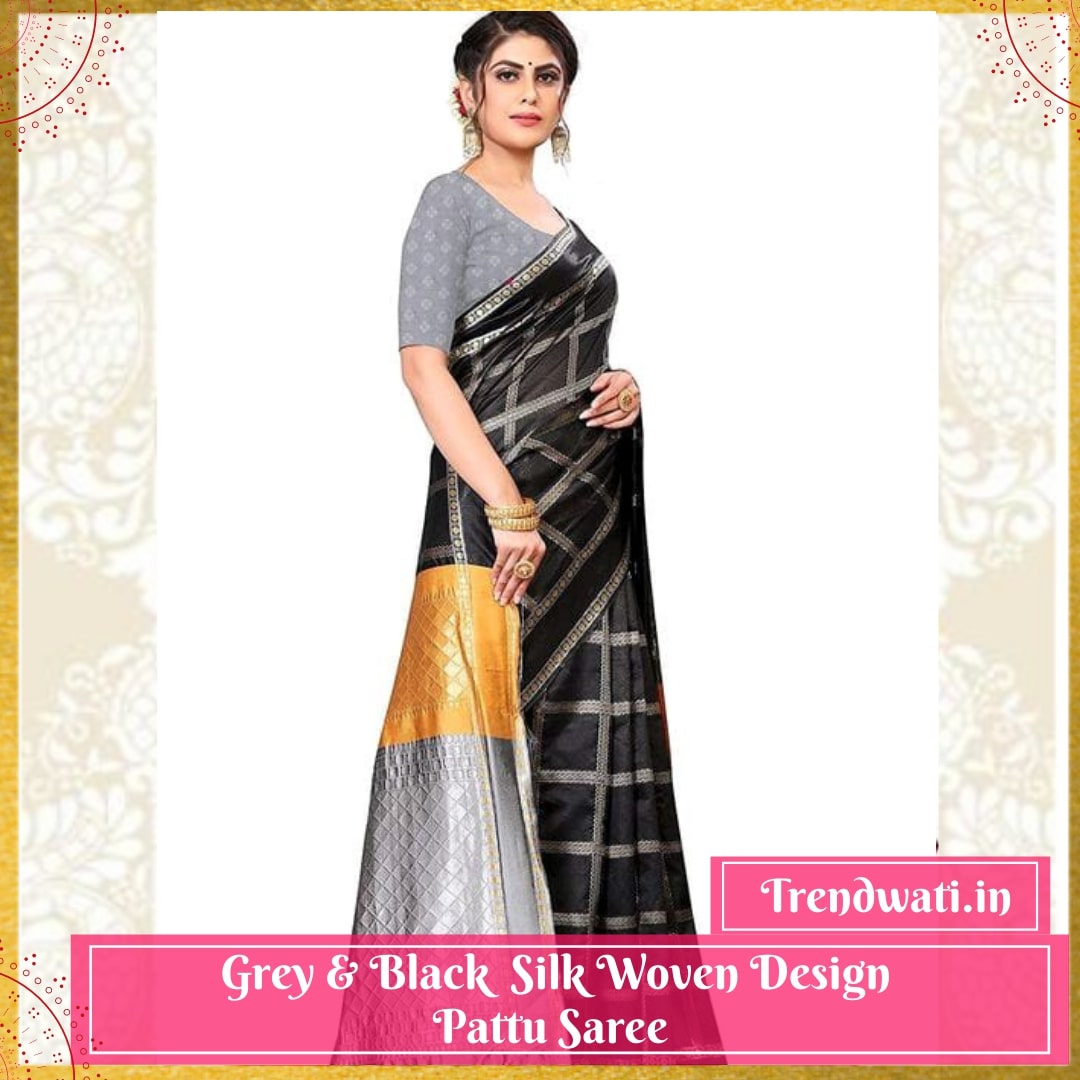 Grey & Black Silk Woven Design Pattu Saree