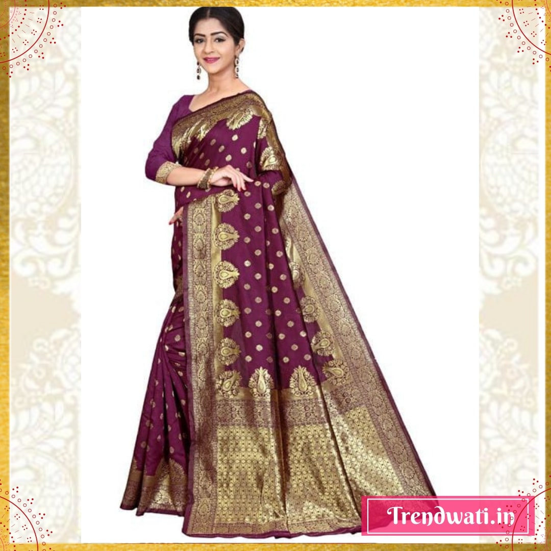 Gold & Purple Banarasi Silk Zari Woven Design Saree