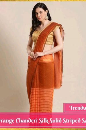 Orange Chanderi Silk Solid Striped Saree