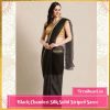 Black Chanderi Silk Solid Striped Saree