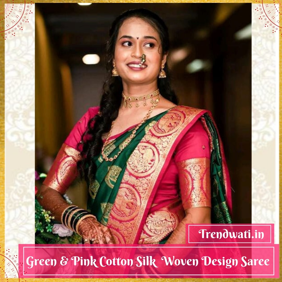 Green & Pink Cotton Silk Woven Design Saree