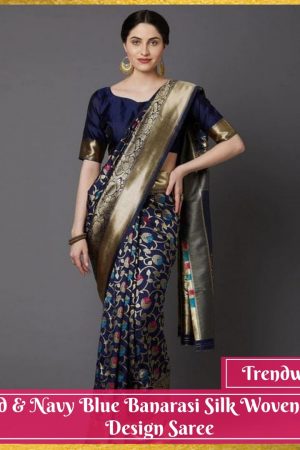 Gold & Navy Blue Banarasi Silk Woven Floral Design Saree