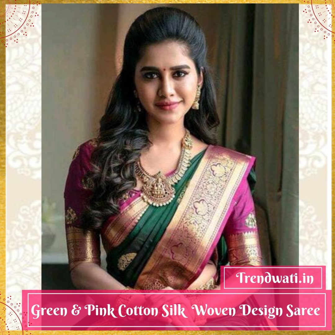 Green & Pink Cotton Silk Woven Design Saree
