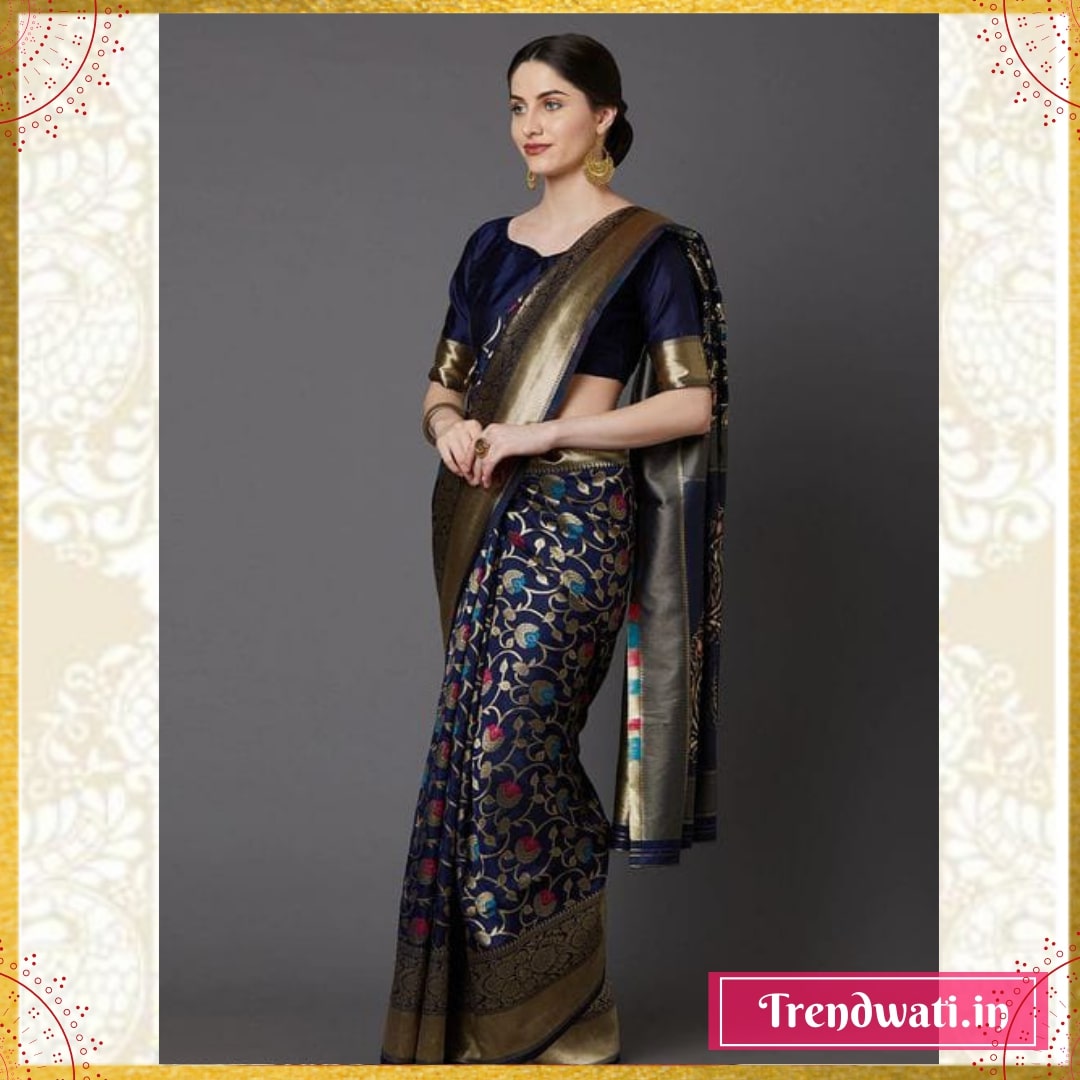 Gold & Navy Blue Banarasi Silk Woven Floral Design Saree