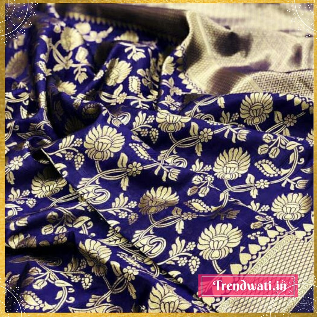 Navy Blue Silk Woven Floral Design Pattu Saree