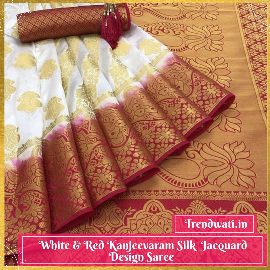 White & Red Kanjivaram Silk Jacquard Design Saree