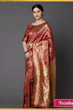 Gold & Brown Banarasi Silk Woven Floral Design Saree