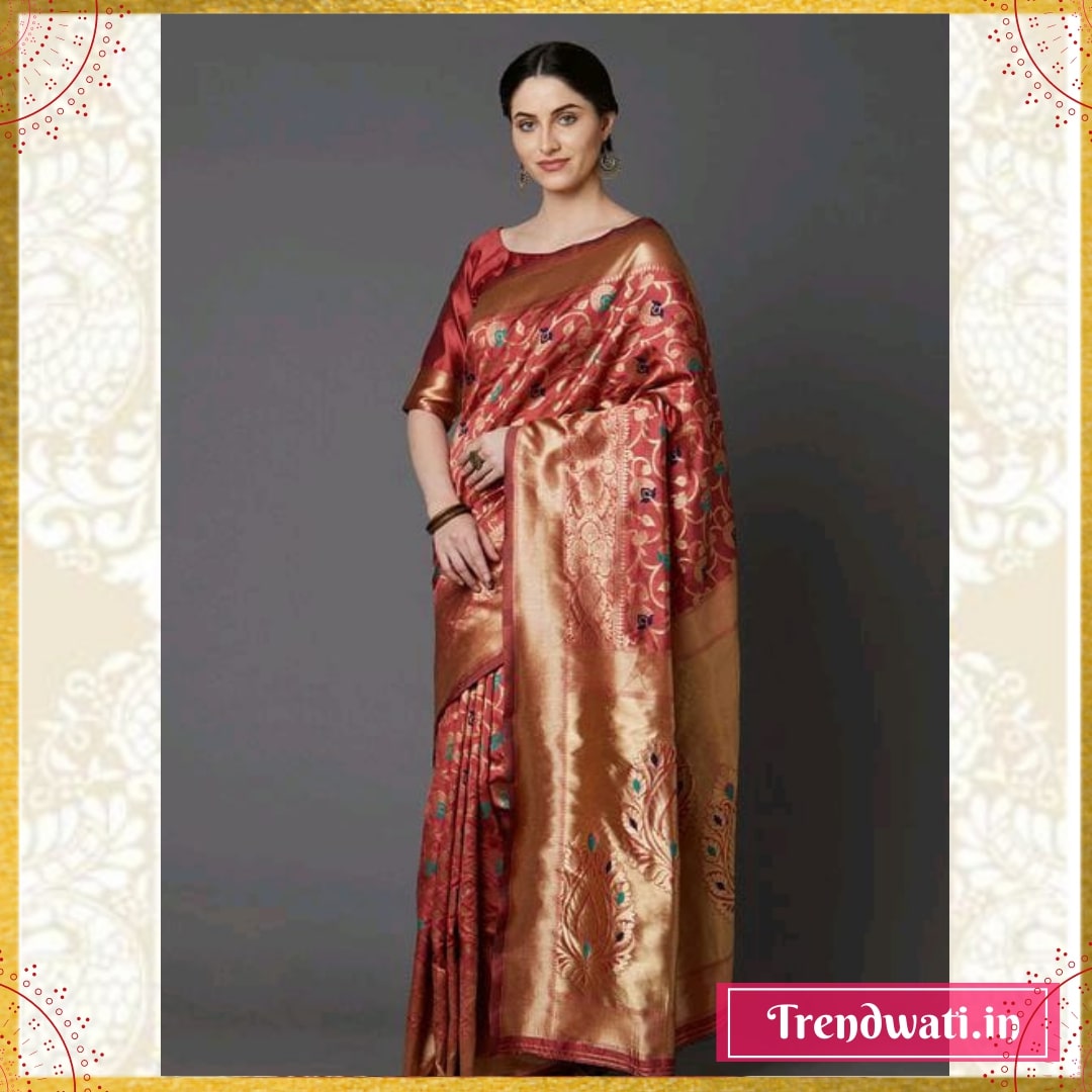 Gold & Brown Banarasi Silk Woven Floral Design Saree
