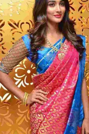 Pooja Hegde Pink and Blue Pattu Saree