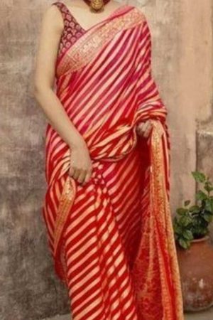 Red & Gold Color Litchi Silk Striped Weaving Saree(