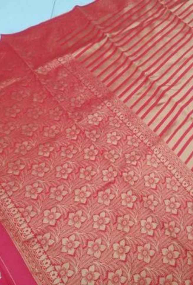 Red & Gold Color Litchi Silk Striped Weaving Saree(