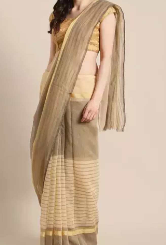 Yellow Chanderi Silk Solid Striped Saree
