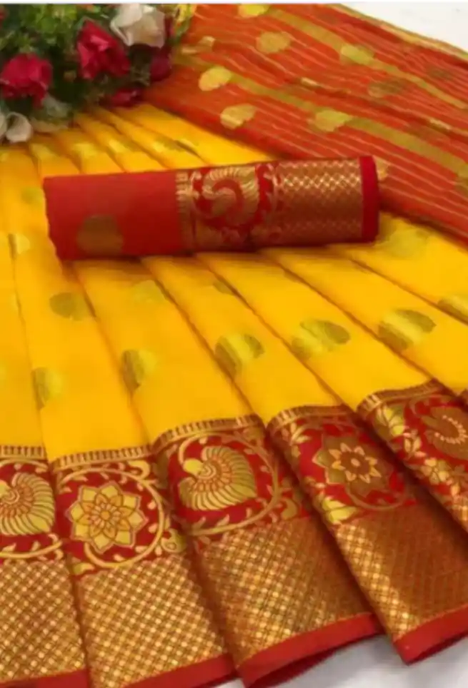 Yellow Red Floral Zari Kanjivaram Silk Saree