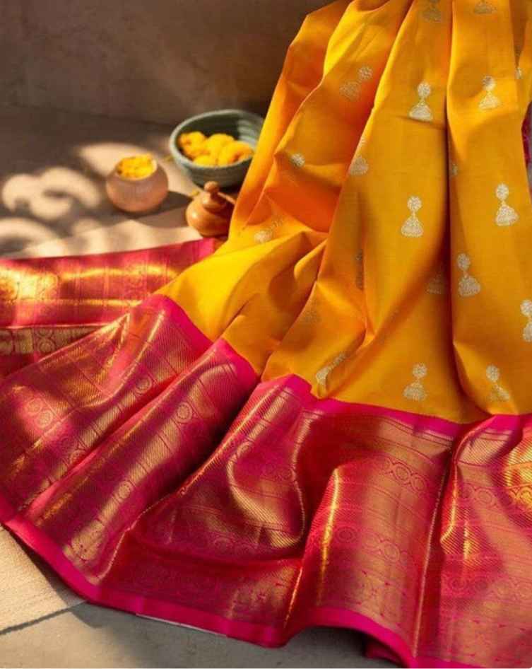 Pink Yellow Kanchipuram Weaving Work Saree