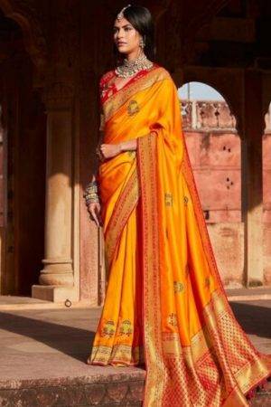 Bridal Paithani Silk Floral Party wear Saree in Bright Orange Color