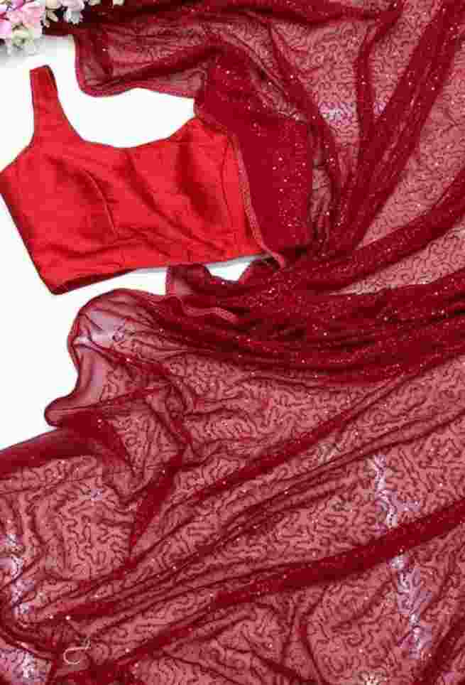 Jannat Zubair Rahmani Bulgarian Red Rose Georgette Embroidered Embellished Saree