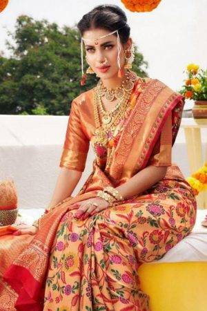 Bridal Paithani Silk Floral Saree in Whiskey Brown Color