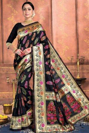 Bridal Paithani Silk Floral Party wear Saree in Thunder Black Color