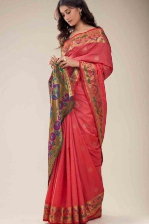 Tall Poppy Red Floral Paithani Silk Party wear Saree