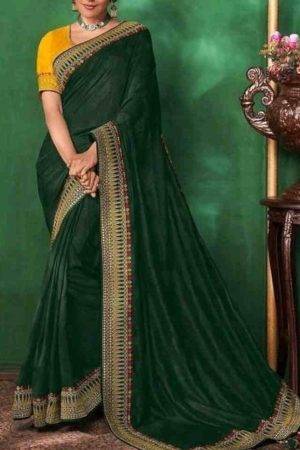 Buy Dark Green Silk Saree Embroidery Butti with Zari Border Online