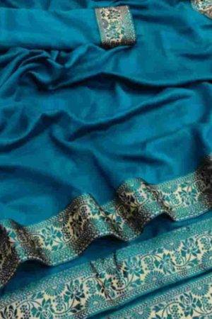 Buy Sea Blue Silk Saree Floral Lace Work Online