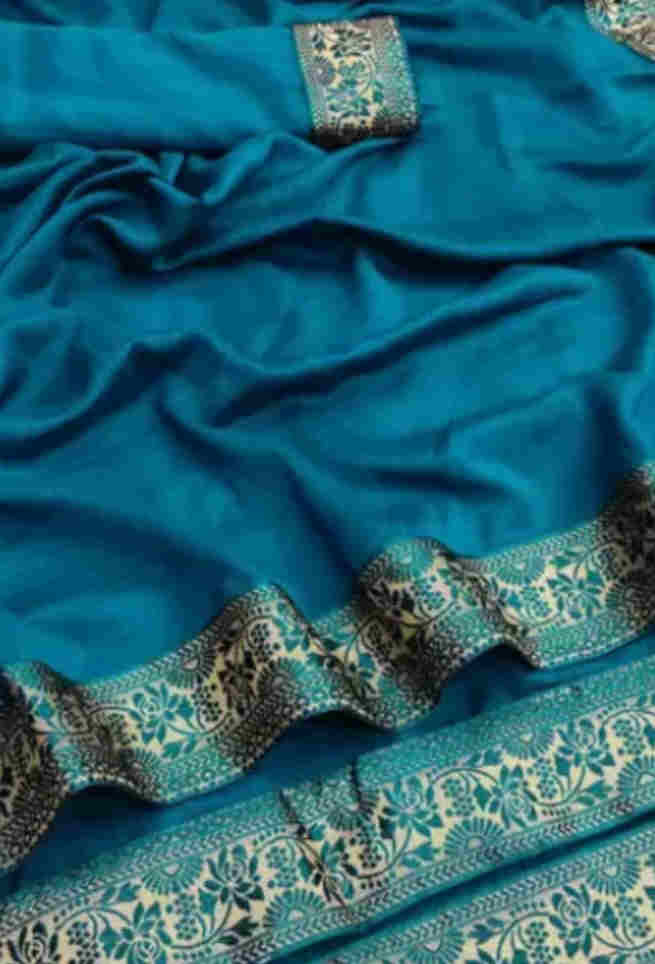 Buy Sea Blue Silk Saree Floral Lace Work Online