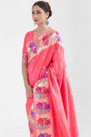 Paithani Silk Floral Party wear Saree in Mandy Pink Color