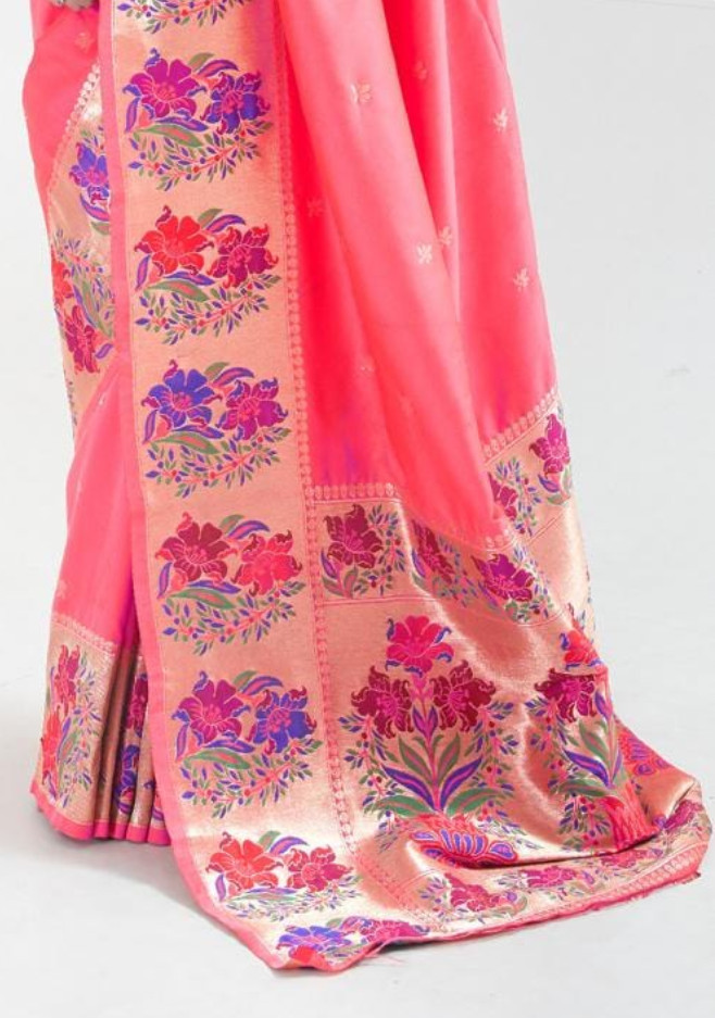 Paithani Floral Saree in Mandy Pink Color