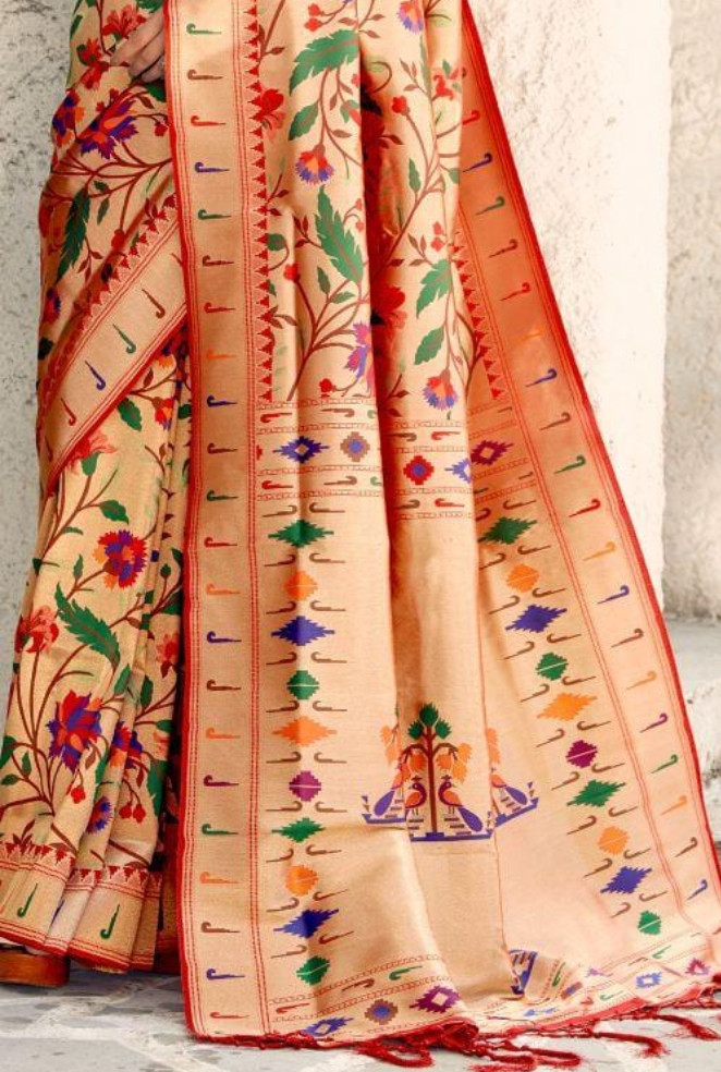 Paithani Silk Floral Saree in Grain Brown Red Color