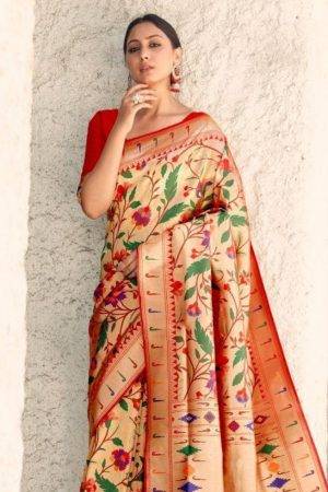 Paithani Silk Floral Party wear Saree in Grain Brown Red Color