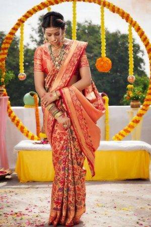 Paithani Silk Floral Bridal Saree in Whiskey Brown Color