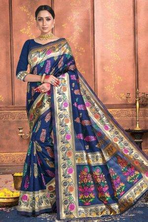 Deep Blue Bridal Floral Paithani Silk Banarasi Party wear Saree