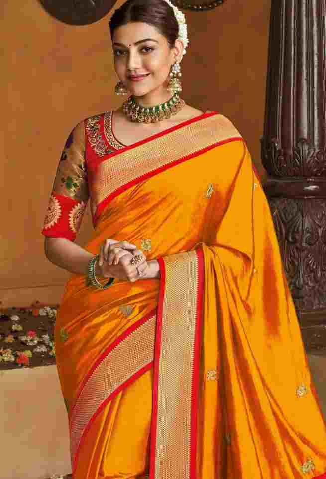 Kajal Agarwal Bridal Paithani Silk Peacock Motif Party wear Saree in Orange Zest Color