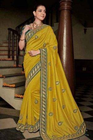 Kajal Aggarwal Yellow & Blue Vichitra Silk Saree