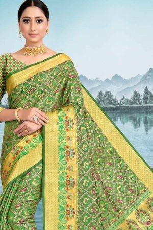 Bridal Goblin Green Patola Peacock Motif Party wear Saree