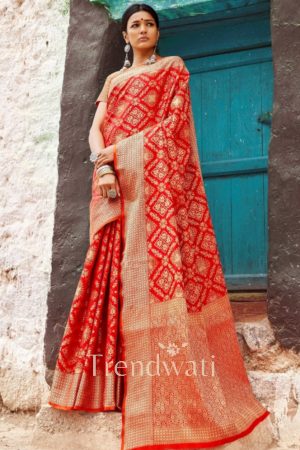Bridal Chestnut Rose Red Woven Patola Party wear Saree