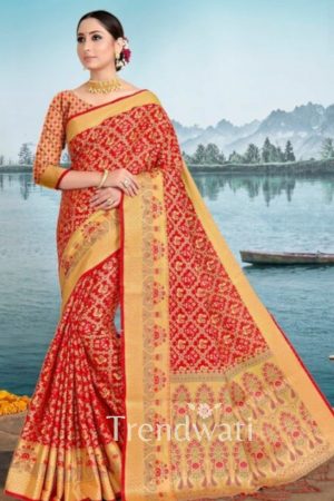 Bridal Roof Terracotta Red Patola Party wear Saree