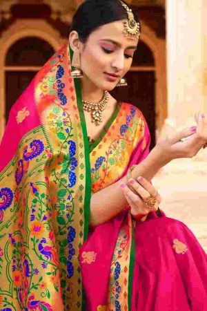 Bridal Fuzzy Wuzzy Pink Peacock Motif Paithani Silk Party wear Saree