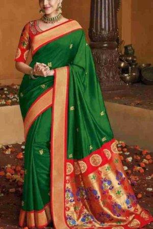 Buy Bridal Parsley Green Silk Saree Peacock Motif Zari Border Online