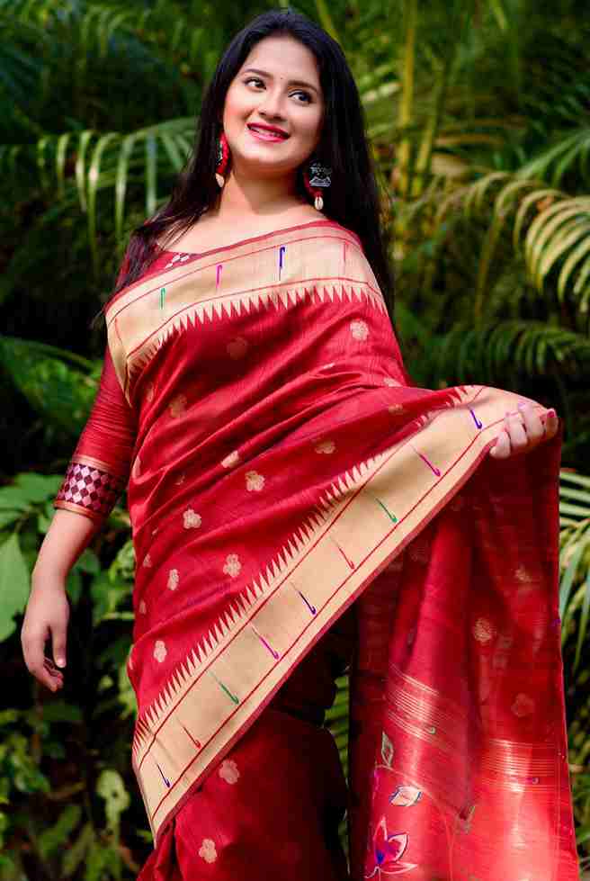 Candy Apple Red Silk Paithani Party wear Saree