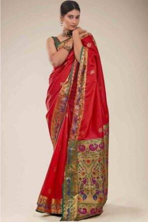 Bridal Roof Terracotta Red Peacock Paithani Party wear Saree