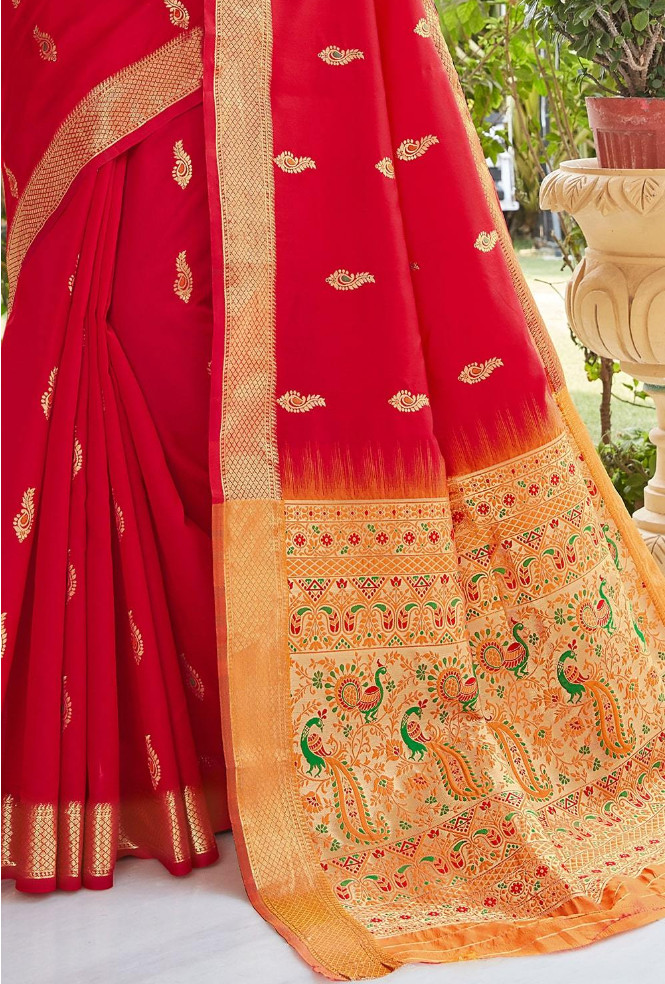 Bridal Red Peacock Motif Paithani Saree